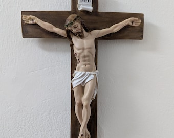 Hanging Crucifix Cross. Marble Powder Wall Crucifix, 31 x 21 cm. Hand-Painted Crucifix. Italian Craftsmanship from Tuscany.