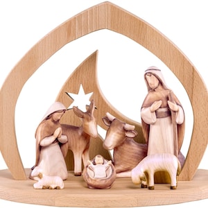 9-piece wooden nativity set, complete wooden nativity scene with hut in a modern style, TOP QUALITY created in Val Gardena