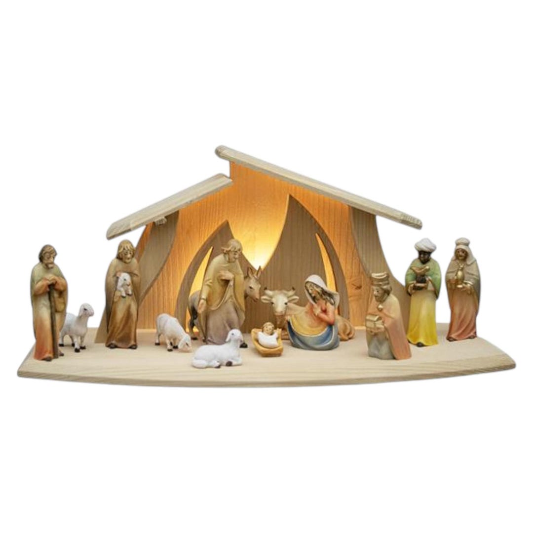 Modern-style Wooden Nativity Scene With Hut and LED Light | Made in Val ...