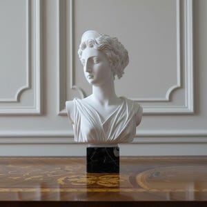 May include: A white marble bust of a woman with classical features, atop a black marble base. The sculpture is set against a neutral wall and rests on a polished wooden surface. The bust features detailed carving of the hair and draped clothing.
