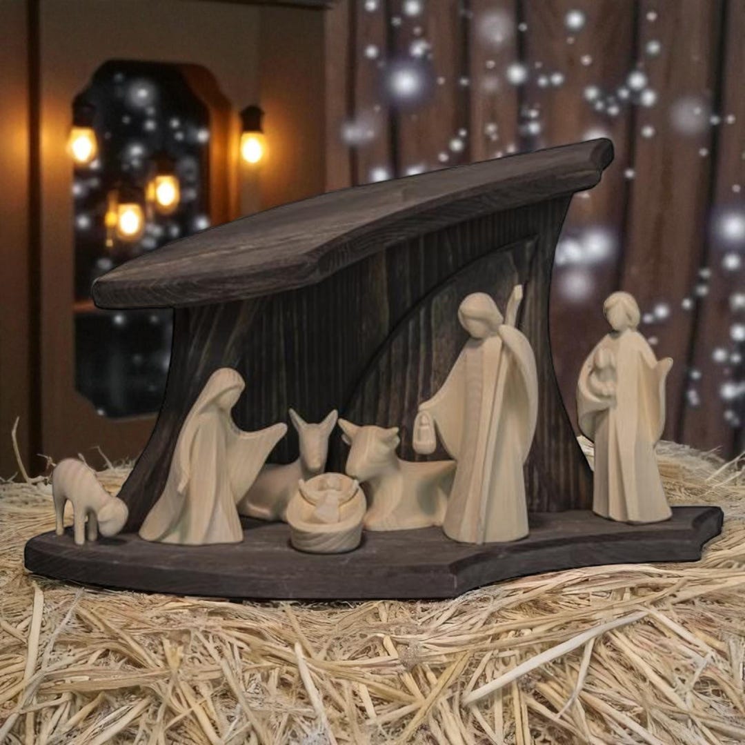 Ash Wood Nativity Scene With Modern Hut | Made in Val Gardena | Wooden ...