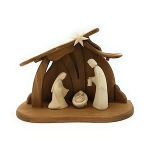 Wooden Nativity Set, Complete wooden nativity scene with modern style hut created in Val Gardena