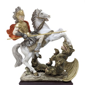 Estatua de San Jorge a caballo cm 27 (10,63&#39;&#39;) con dragón en polvo de mármol | Hecho en Toscana | Escultura de San Jorge a caballo |