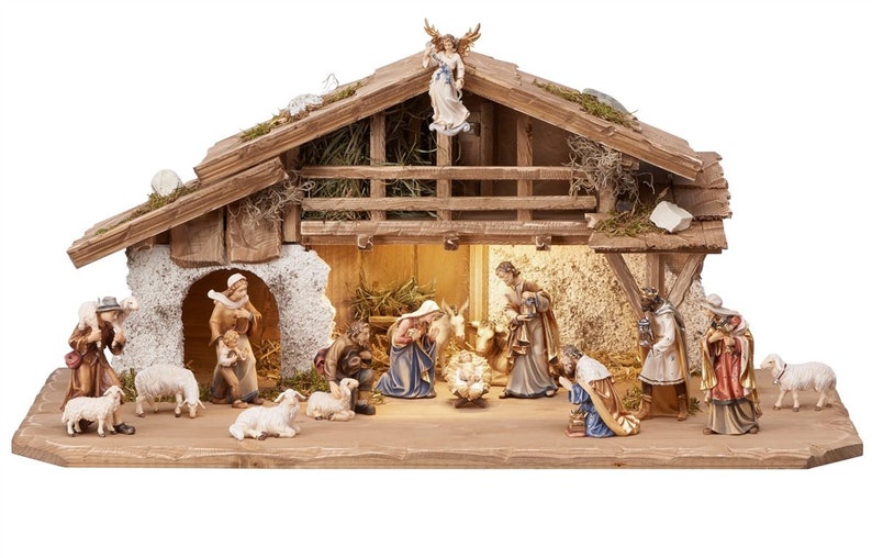 Rustic Nativity Complete Wooden Nativity Scene Set With Alpine Hut and Light Composed ...