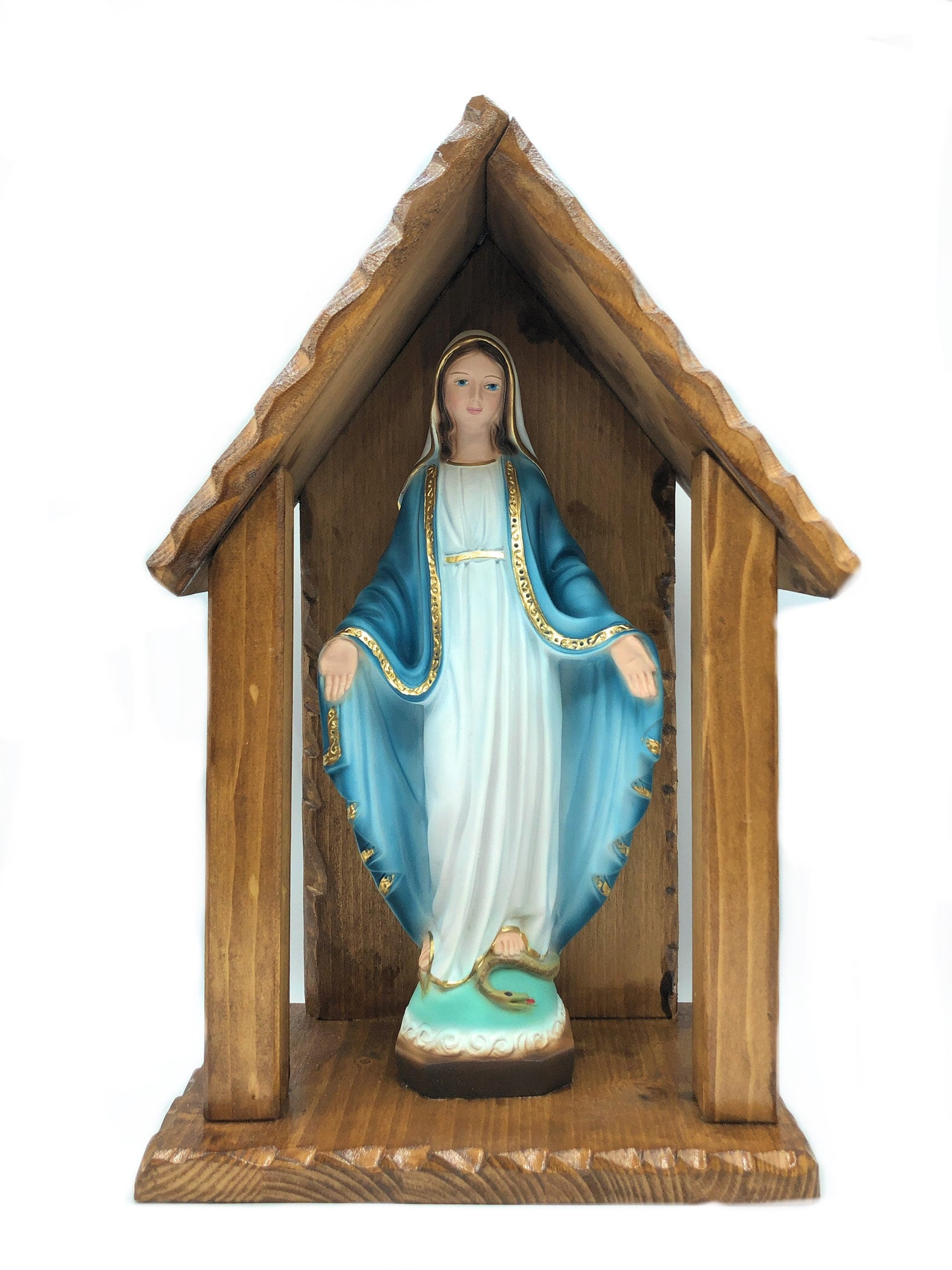 Wooden Niche With Miraculous Madonna Statue. Shrine, Grotto