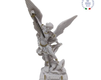 Statue of St. Michael the Archangel white with gold details 17 cm (6.69'') in marble dust. St. Michael the Archangel statue. Made in Italy