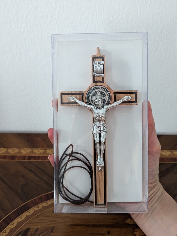 (20cm) - St. Benedict Olive Wood Crucifix Cross (20cm) ST. BENEDICT WALL CRUCIFIX WITH OLIVE WOOD INLAY - 20cm