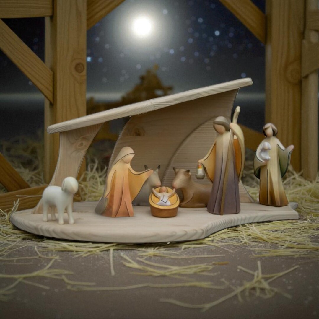 Wooden Nativity Scene With Modern Hut | Made in Val Gardena | Wooden ...