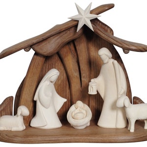 Wooden Nativity set, complete wooden Nativity scene with modern style hut created in Val Gardena