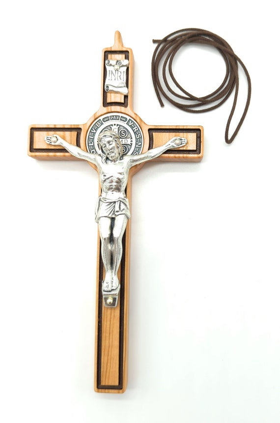 (20cm) - St. Benedict Olive Wood Crucifix Cross (20cm) ST. BENEDICT WALL CRUCIFIX WITH OLIVE WOOD INLAY - 20cm