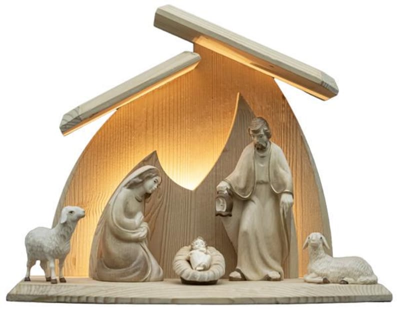 Modern-style Wooden Nativity Scene With Hut and LED Light | Made in Val ...