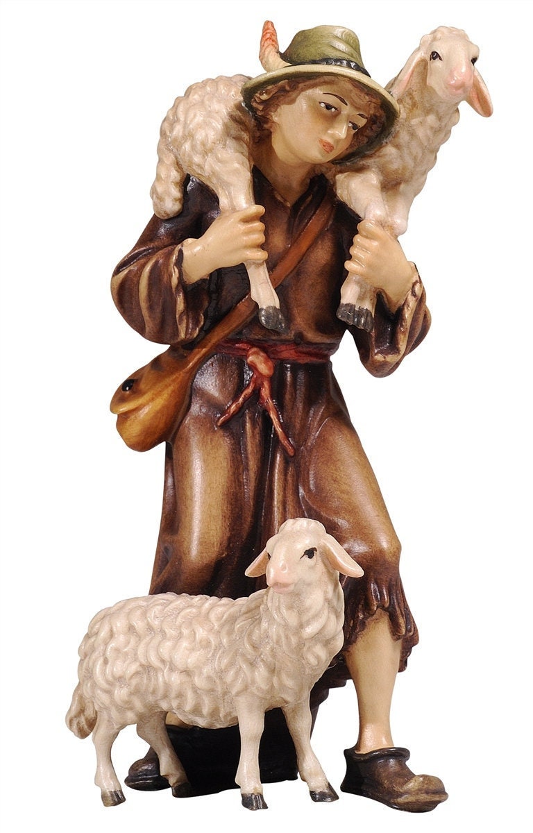 Wooden Nativity Scene Character, SHEPHERD WITH SHEEP, Hand-painted