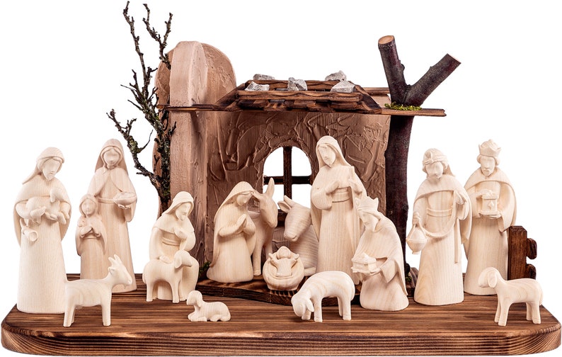 17-piece wooden Nativity set, complete wooden Nativity Scene with hut in a modern TOP QUALITY style created in Val Gardena image 2