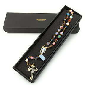 Multicolored Murano glass Catholic rosary with cross and enameled Miraculous Madonna medal - Venetian Murano glass rosary