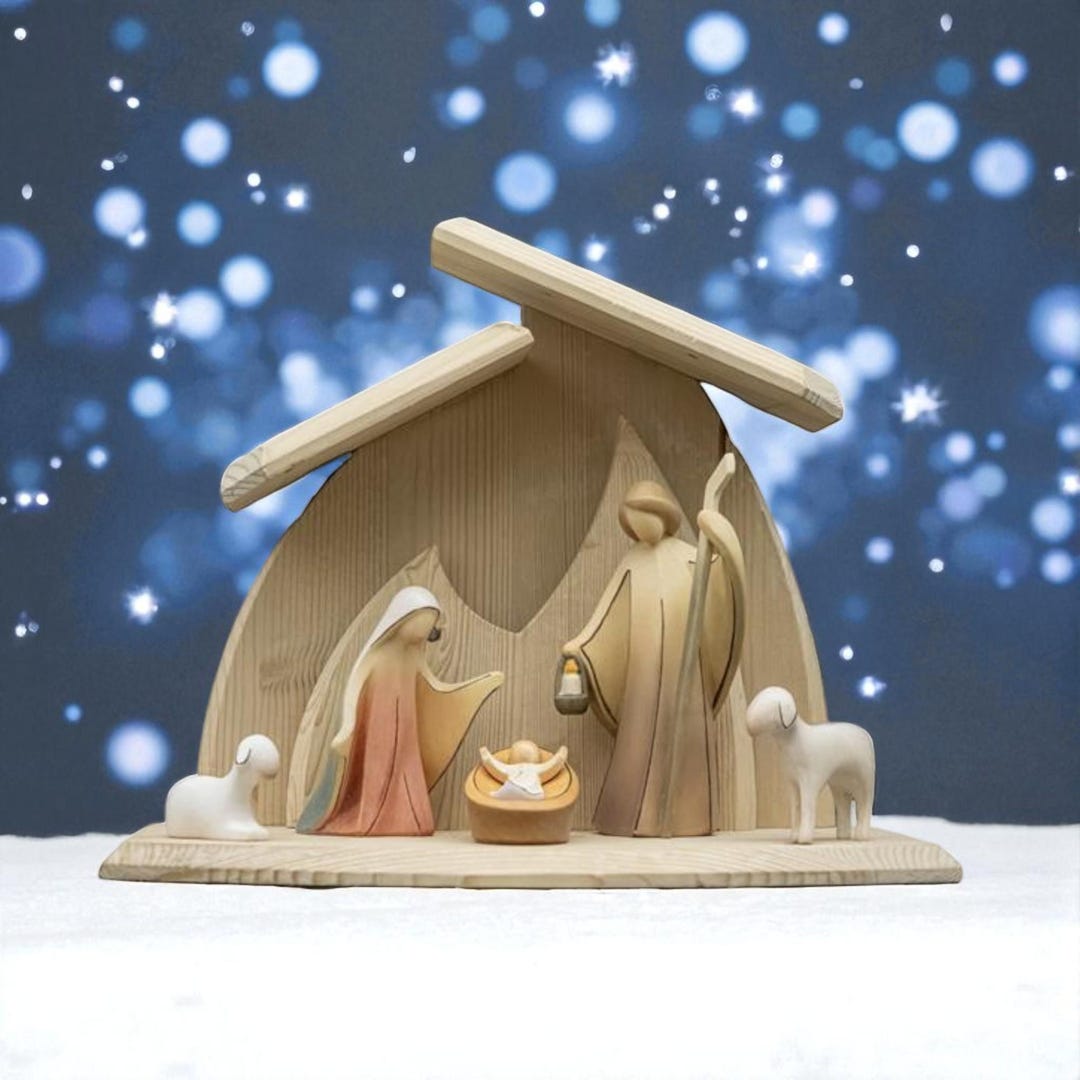 Wooden Nativity Scene With Modern Hut | Made in Val Gardena | Wooden ...
