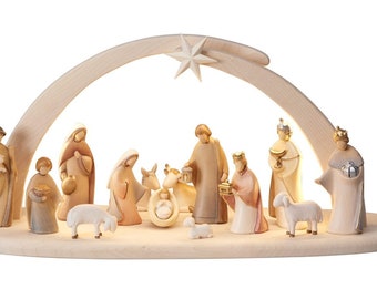 16-piece wooden Nativity set, complete modern style wooden Nativity scene with hut and light created in Val Gardena
