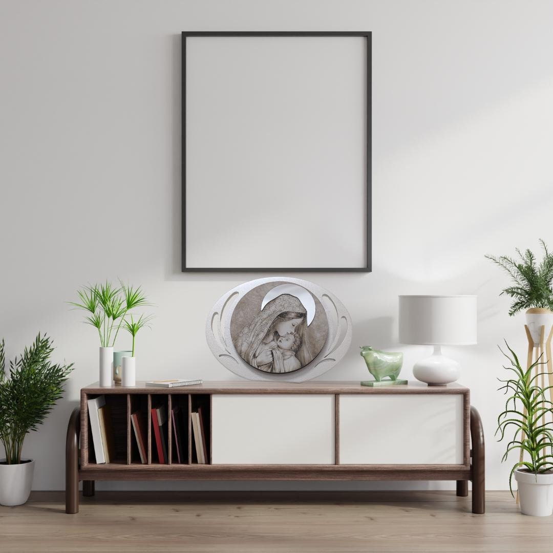 Tableau moderne avec Vierge à l'Enfant en bois design cm. 13x18 (5,12'' x 7,09''). Fabriqué en Italie