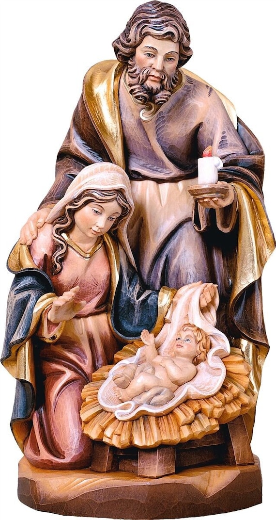 Natività Sacra Famiglia In Resina Effetto Legno: 3 Pezzi, Altezza 30 Cm, Per Presepe O Decorazione Natalizia