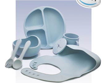 Baby Feeding Set - Toddler Weaning Set - Pink or Blue - Set of 7 - Silicone- (Free Shipping From UK)