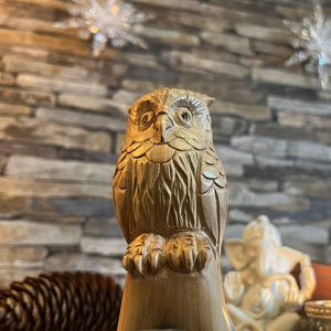 Può includere: Una scultura di gufo in legno intagliato, con dettagli intricati di piume e tratti del viso. Il gufo è posizionato su una base di legno, con uno sfondo di pietra strutturata ed elementi decorativi.