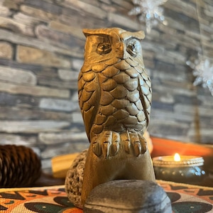 Può includere: Scultura in legno di un gufo, con dettagli di piume intagliate e una base in pietra. Il gufo è di colore marrone caldo, con trame complesse. Sullo sfondo, un muro di pietra e una candela accesa.