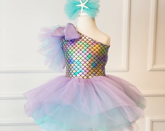 Vestido de niña sirena, traje de cumpleaños para niños pequeños, vestido de cumpleaños de sirena, fiesta temática de sirena, vestido de tutú de niña, sesión de fotos, vestido cake smash