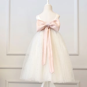 V Back Girl Dress, Ivory Flower Girl Dress with Pearls, First Communion Ball Gown, Elegant Baptism Dress, Wedding Bridesmaid Dress, Blessing
