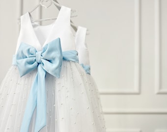 Tulle Pearls Flower Girl Dress, V back Top Dress, Communion Dress, White Flower Girl Dress, Wedding Bridesmaid Gown, Blessing Dress