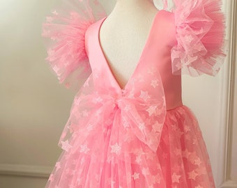 Rose Fluffy Baby Girl Tulle Dress, V Back Flower Girl Dress, Toddler Birthday Dress, Baby Pink Tulle Fairy Wedding Dress