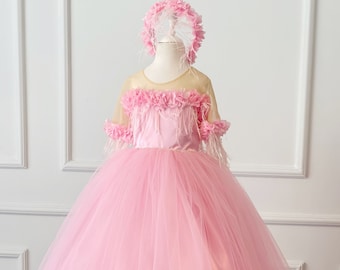 Pink Flower Birthday Girl Dress, Princess  Toddler Wedding Gown with Feather, Tulle Flower Dress With Long Gown, Baby First Photoshoot Dress