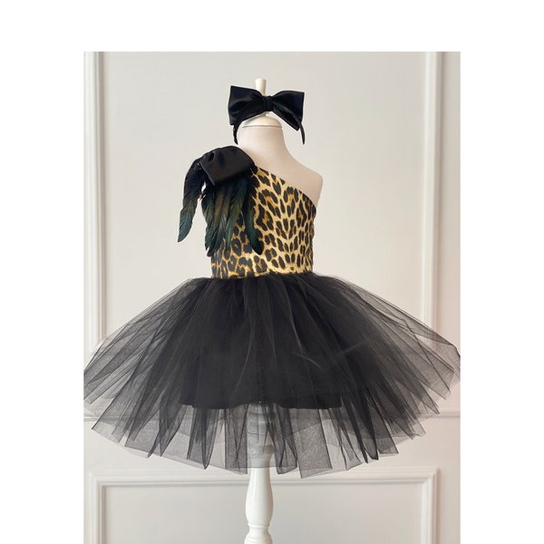 Robe de fille de chat léopard avec plume, tenue de fille sauvage pour tout-petit, robe de séance photo de fille, robe de plume noire, tutu, tutu léopard, fantaisie