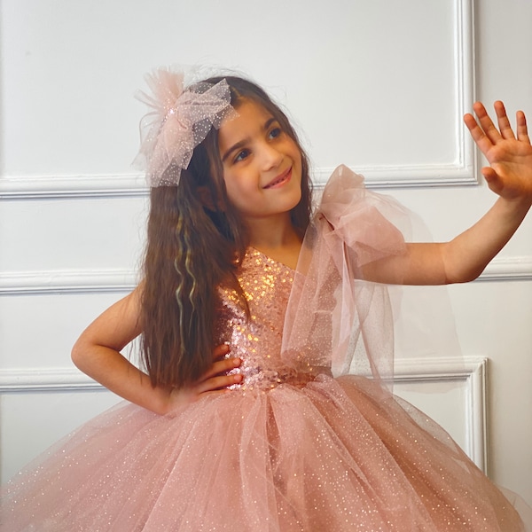 Birthday Powder Girl Tutu Dress, Salmon Glitter Princess Gown, Toddler Wedding Dress, Flower Pink Rose Girl Outfit, Photoshoot Dress