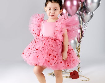 open lace back dress Girl Valentine Tulle 3D Heart Dress 2 T / White