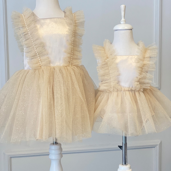 Toddler Girl And Baby Girl Match Birthday Tulle Dress, Boho Tutu First Birthday Dress, Photoshoot Dress, Cake Smash Baby Romper