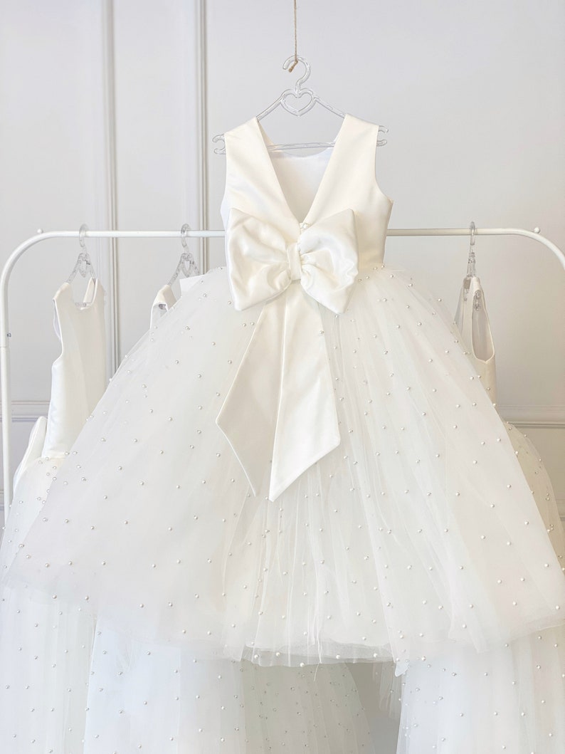 V Back Top Dress with Pearls, First Communion Gown, Ivory Flower Girl Dress, Elegant Baptism Dress, Wedding Bridesmaid Dress, Blessing Dress image 2