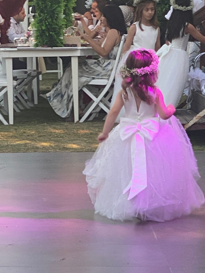 V Back Top Dress with Pearls, First Communion Gown, Ivory Flower Girl Dress, Elegant Baptism Dress, Wedding Bridesmaid Dress, Blessing Dress image 8