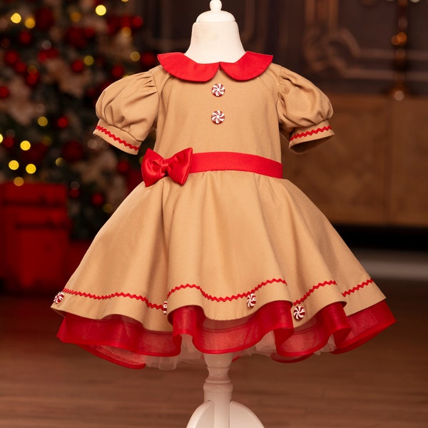 Tenue de pain d’épice de fille en bas âge de Noël, robe de séance photo pour tout-petits Casse-Noisette, tenue d’accessoire photo Twirl Puff Santa, robe Fairycore