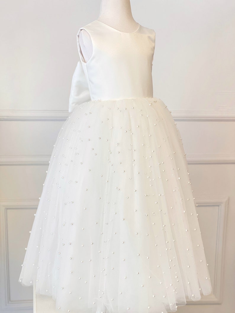 V Back Top Dress with Pearls, First Communion Gown, Ivory Flower Girl Dress, Elegant Baptism Dress, Wedding Bridesmaid Dress, Blessing Dress image 5