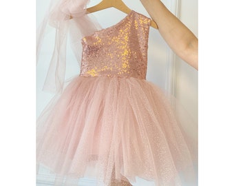Birthday Girl Glitter Tulle Dress, Toddler Boho Dress, Girl Photoshoot Tutu, Toddler wedding Outfit,Flower Girl Outfit, Dusty Rose Pink