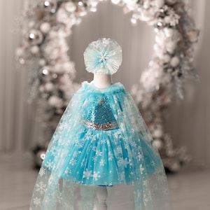 May include: A blue tulle dress with a silver sequined bodice and snowflake print. The dress has a matching cape and a snowflake headband.