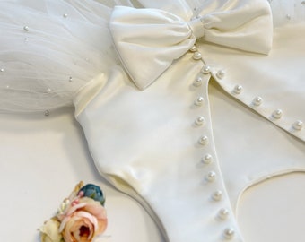 V Back Top Dress with Pearls First Communion Dress, Ivory Ball Gown, Bridesmaid Girl Dress,  Elegant Baptism Dress, Royal Wedding Dress