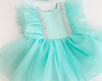 Mint Tulle Toddler Girl Tutu, First Birthday Tutu Dress, Feather Tulle Dress, Wedding Gown, Photoshoot Outfit, Baby Girl Cake Smash Dress