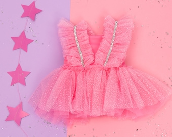 Birthday Girl Tutu Dress, First Baby Birthday Outfit, Toddler  Photoshoot Outfit, Pink  Romper  Tutu, Hot Pink Tutu Romper, Cake Smash