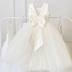 Girl Flower Wedding Dress, junior Bridesmaid Dress, Baptism Pearl Dress, Wedding Flower Dress, Ivory Satin Tulle Dress image 6