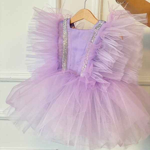 Lavender Tulle Dress,  Birthday Tutu Dress, Feather Purple Tulle Dress, Lilac Tulle Dress, Photoshoot Outfit, Baby Girl Cake Smash Dress