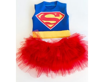 Op Super Girl geïnspireerd kostuum, verjaardagsjurk peutermeisje, fotoshootoutfit, meisjesjurk, schoolkostuumfeest, optochten, halloweenfeest