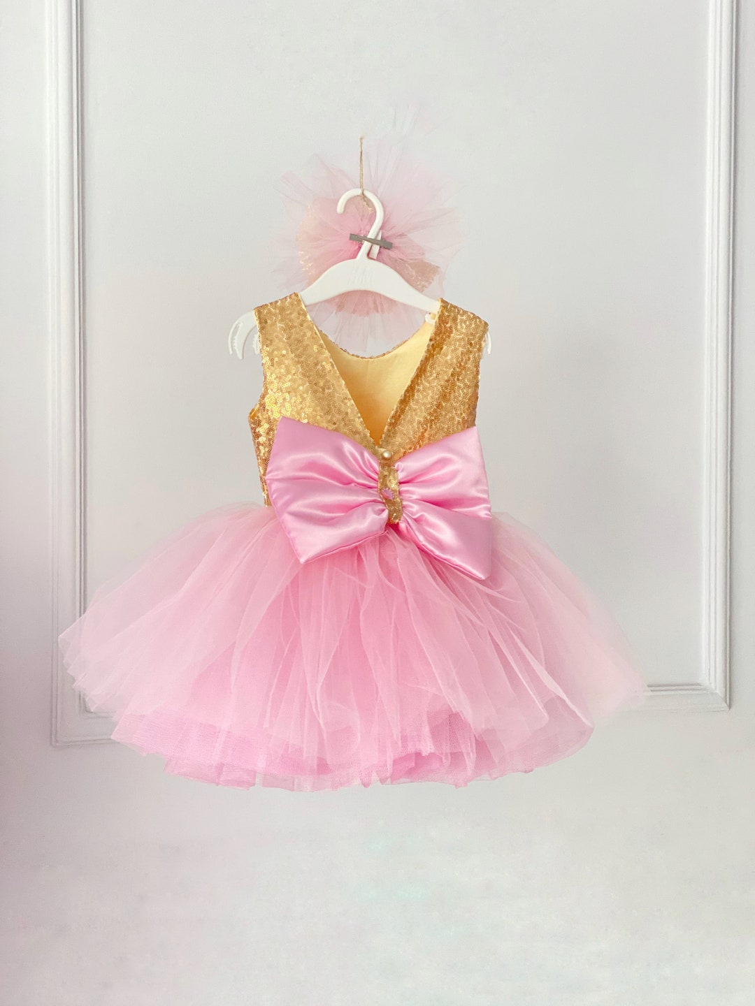 V Back Dress,gold Sequin Pink Dress, Girl Puffy Dress, Birthday Dress