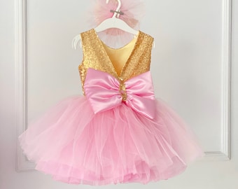 V Back Dress,Gold Sequin Pink  Dress, Girl Puffy Dress, Birthday Dress, Pink Gold Tutu, Toddler Photoshoot Dress, Wedding Outfit, Graduation
