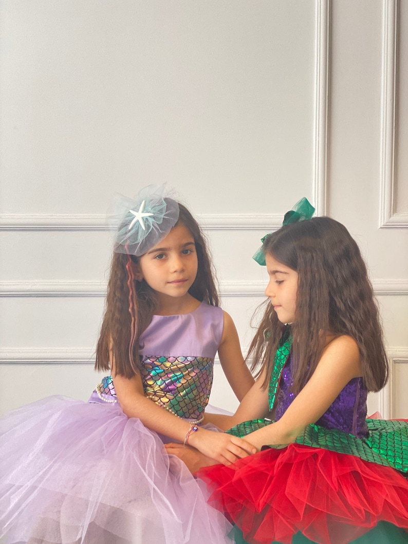 Vestido de sirena de gemelos, disfraz de sirena de hermanas, moda para niños, traje de chica de sesión de fotos, traje de niña de Halloween imagen 1