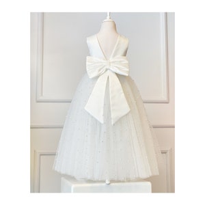 Girl Flower Wedding Dress, junior Bridesmaid Dress, Baptism Pearl Dress, Wedding Flower Dress, Ivory Satin Tulle Dress image 4